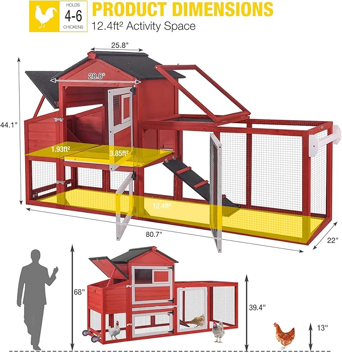 Aivituvin Large Chicken Coop with Wheels, Outdoor Hen House Mobile Poultry Cage with Run, Weatherproof Asphalt Roof, Sectionable Nesting Box, Leakproof Pull-Out Tray for 4-6 Chickens - Red