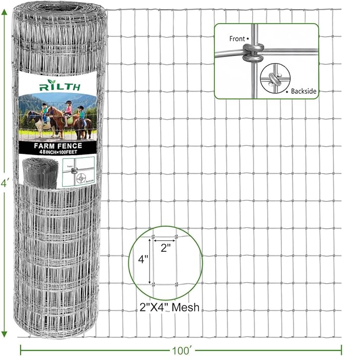 Galvanized 4x100ft Heavy Duty Horse Fence, 2x4 Inch Mesh, Rust-Resistant Metal Wire Farm Fencing for Livestock, Pasture, Garden, and Animal Containment