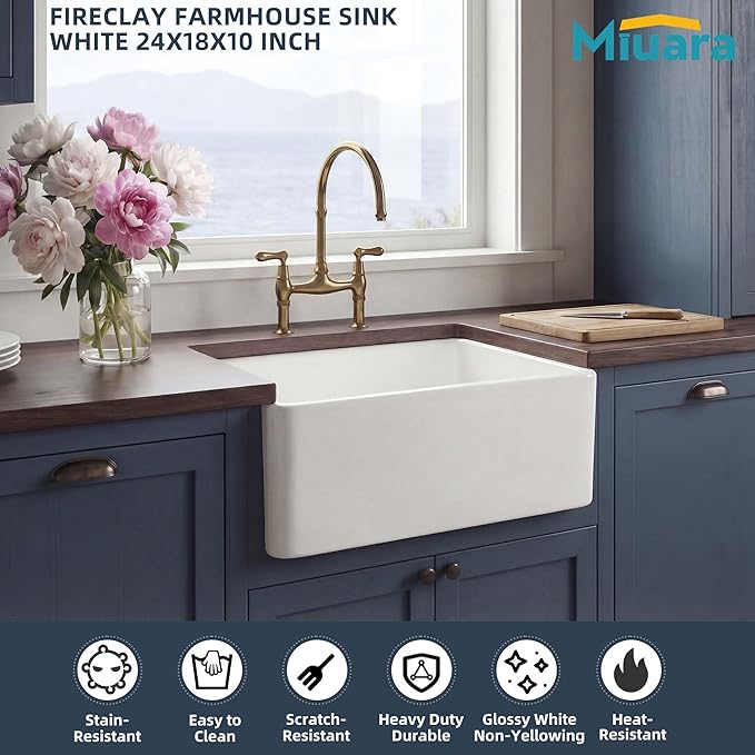Miuara Farmhouse Sink 24 Inch - Small Apron Front Undermount Kitchen Sink Reversible 24"x18"x10", Farm House Style Single Bowl, Heavy Duty Solid Fireclay, Glossy White, for Kitchen & Laundry