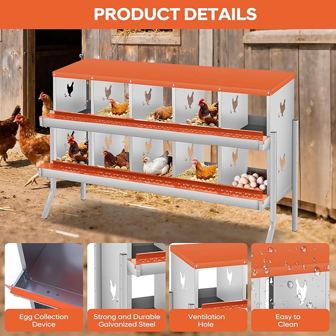 GarveeLife Chicken Nesting Box, 10 Compartments Nesting Box for Chickens, Two-Tier Galvanized Steel Chicken Egg Laying Box with Large Vented Holes Wall Mounting for Easy Egg Collection