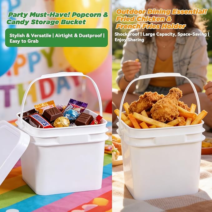 Bucket with Lid - 4 Packs Square Clear Plastic Storage Containers, Food Safe with Handle, Airtight Pressure Lids for Kitchen & Home (White, 0.8 gal)