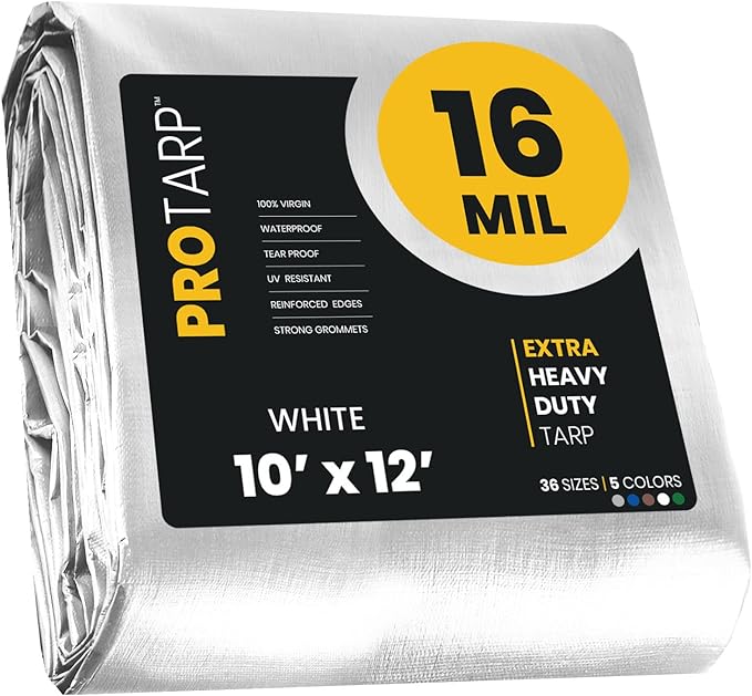 PROTARP Extra Heavy Duty 16 Mil Tarp Cover, Waterproof, UV Resistant, Rip and Tear Proof, Poly Tarpaulin with Reinforced Edges for Roof, Camping, Patio, Pool, Boat. (White 10′ X 12′)