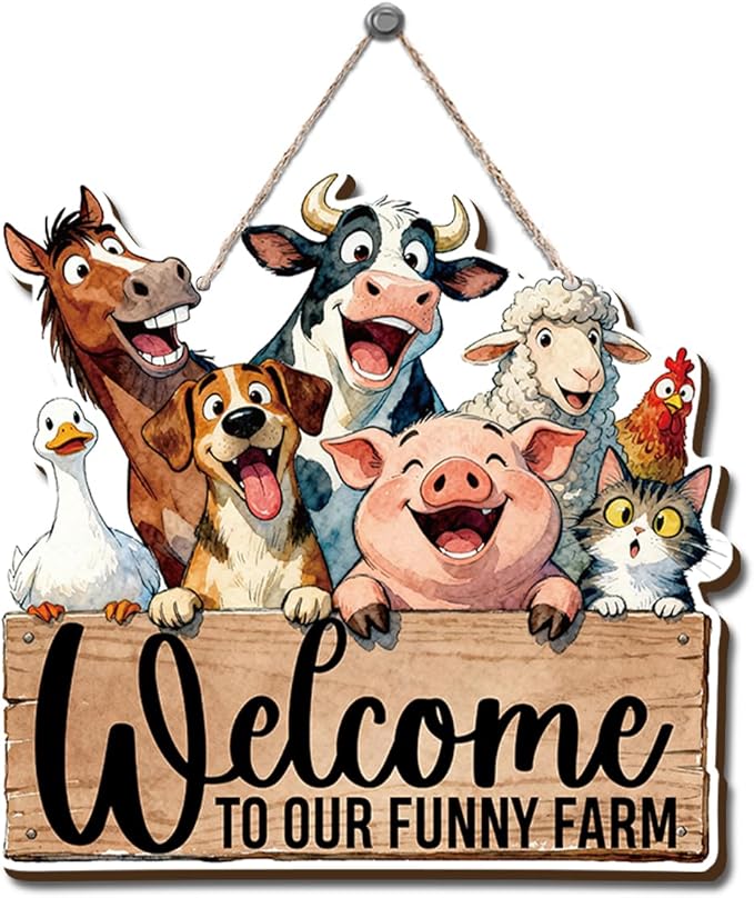 Farmhouse Wall Decor, Welcome to Our Funny Farm Animal Sign, Rustic Wood Hanging Plaque, Cartoon Watercolor Style Wall Art Painting for Porch Entryway Kitchen or Bedroom, 10.2x9.8 Inches