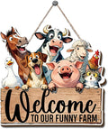 Farmhouse Wall Decor, Welcome to Our Funny Farm Animal Sign, Rustic Wood Hanging Plaque, Cartoon Watercolor Style Wall Art Painting for Porch Entryway Kitchen or Bedroom, 10.2x9.8 Inches
