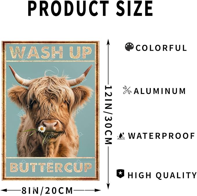 Metal Signs Wash Up Buttercup Highland Cow Vintage Tin Sign for Home Office Kitchen Bar Cafe Garden Bathroom Wall Decor 12x8 Inch