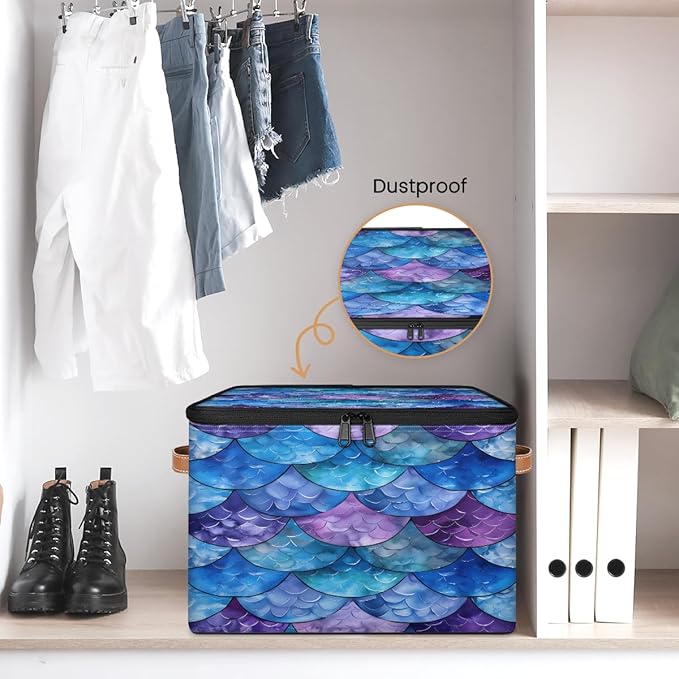 Mermaid Scale Fish Scale Ocean Storage Bins With Lids Fabric Collapsible Storage Box with Leather Handles for Home Bedroom Foldable Closet Shelf Organizer
