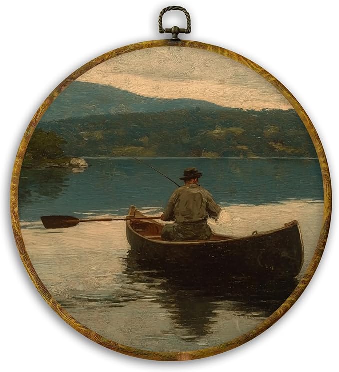 CUANFDDSF Vintage Fisherman Fishing Round Wall Art, Antique Fishing Framed Hanging Wall Decor, Rustic Farmhouse Fisherman Landscape Canvas Prints Decorations for Home Bedroom Living Room, 10x10 Inch