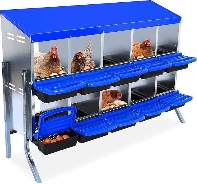 Chicken Nesting Box 10-Hole Roll Away Egg Laying Box with Lid & Stand, Galvanized Steel Rustproof Poultry Coop Box, Easy Clean, Wall Mountable No Bracket Needed for Hens, Blue