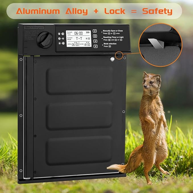 Automatic Chicken Coop Door Solar Powered, Cold Weather Electric Chicken Door Large Size Aluminum Door with Light Sensor & Timer with Power Off Emergency Mode Black