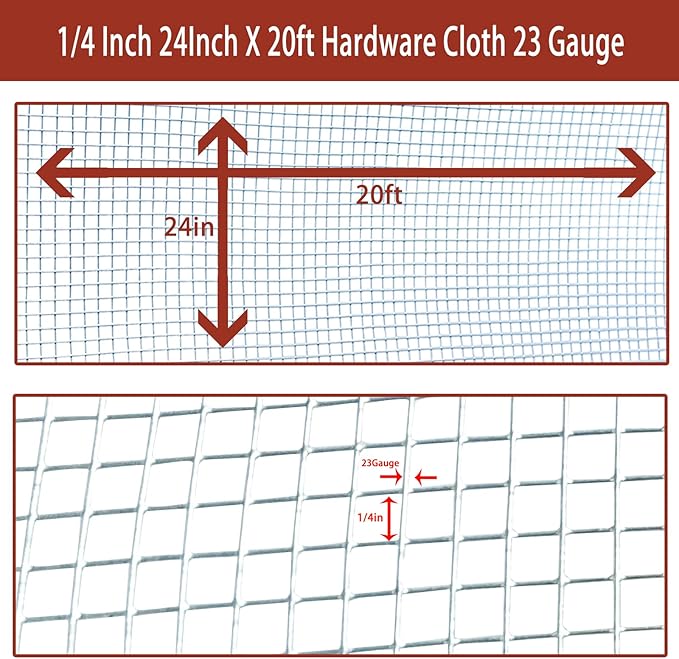 Galvanized Hardware Cloth 24in X 20ft, 1/4 Inch 23 Gauge Galvanized After Welding Square Mesh, Wire Mesh, Chicken Wire Fence, Rabbit/Snake Fences - Metal cage for Protecting Vegetables, Garden & Home