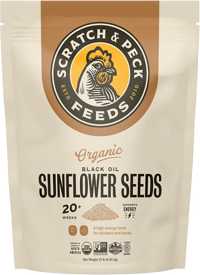 Scratch and Peck Black Oil Sunflower Seeds Chicken and Duck Treat - 7 lbs Bag - 15% Protein, Certified Organic and Non-GMO Project Verified Chicken Food