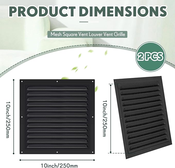 2 Pcs Aluminum Attic Vents 10" x 10" Metal Gable Wall Mesh Shed Vent with Screen Square Louver Grille for Exterior Door House Attic Garage Ceiling Chicken Coop
