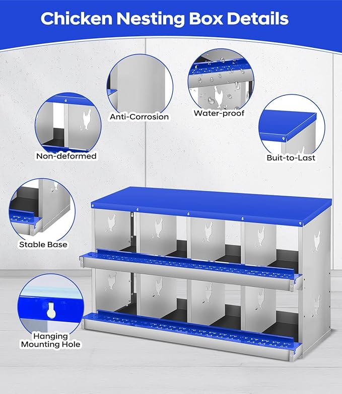 Easy Egg Collection, Durable Blue Design - Metal Chicken Nesting Box for Small Animals - 8 Compartments, Wall Mounted, No Legs, Ideal Poultry Coop Accessory - Blue, 8 Compartments, No Legs