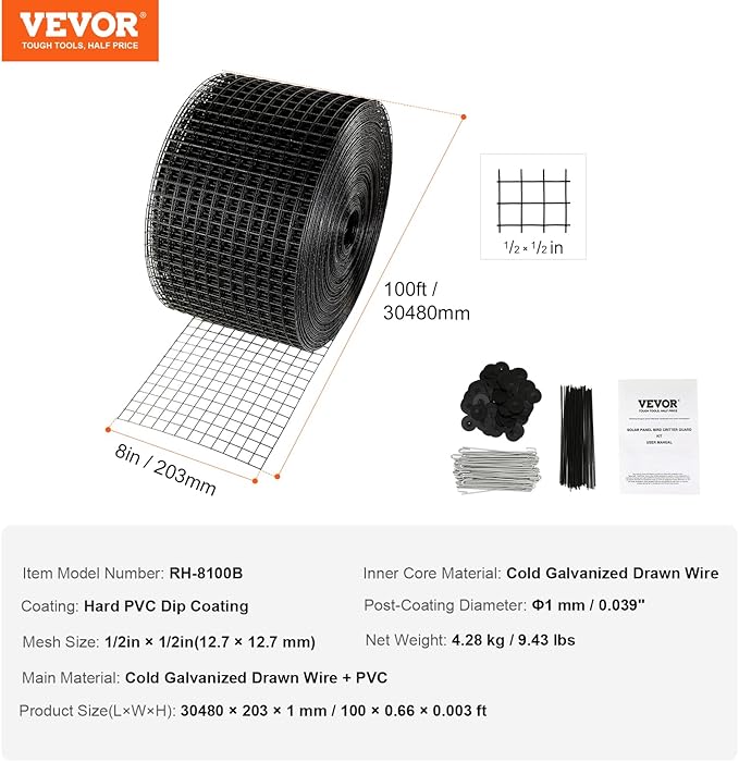 VEVOR Solar Panel Bird Guard 8inch x 98ft PVC Coated Wire Mesh Roll Kit with 100pcs Fasteners, Critter Fence, Pigeon Proofing, Black