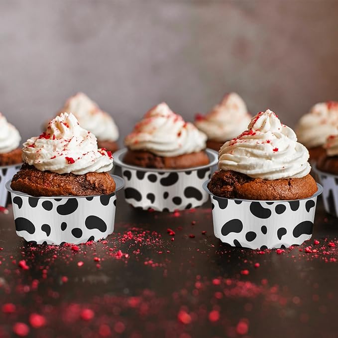 100 Pack Cow Print Aluminum Foil Cups with Lids, 1.6 oz Heavy Duty Ramekins for Baking, Disposable Mini Cupcake Containers for Farm Theme Party, Rustic Wedding, Baby Shower