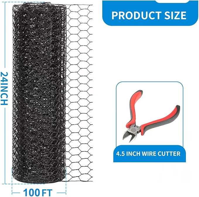 24'' x 100' Black Chicken Wire Mesh Fence, 15 Gauge Poultry Netting and 2 inch Mesh Fence Roll, Chicken Wire for Floral Arrangements/Crafts/Farm/Livestock/Pet Protection