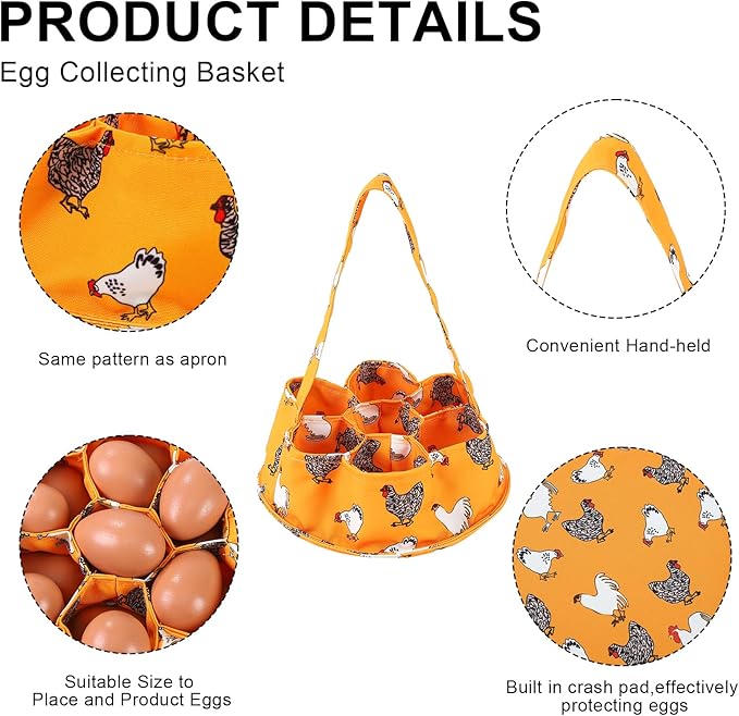 Egg Collecting Apron and Basket, 12 Pouches Chicken Egg Apron, 7 Pouches Chicken Eggs Basket, Collector Chicken Eggs