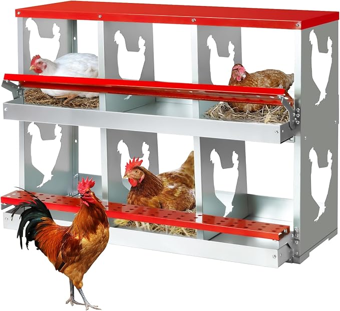 Chicken Nesting Box,Heavy Duty Metal Nest Boxes,6 Hole Roll Away Nesting Boxes,with Large Vented Holes,Wall-Mountable Chicken Coop Nesting Boxes,for Chickens,Ducks,Large Egg Boxes (Red 6 Hole)