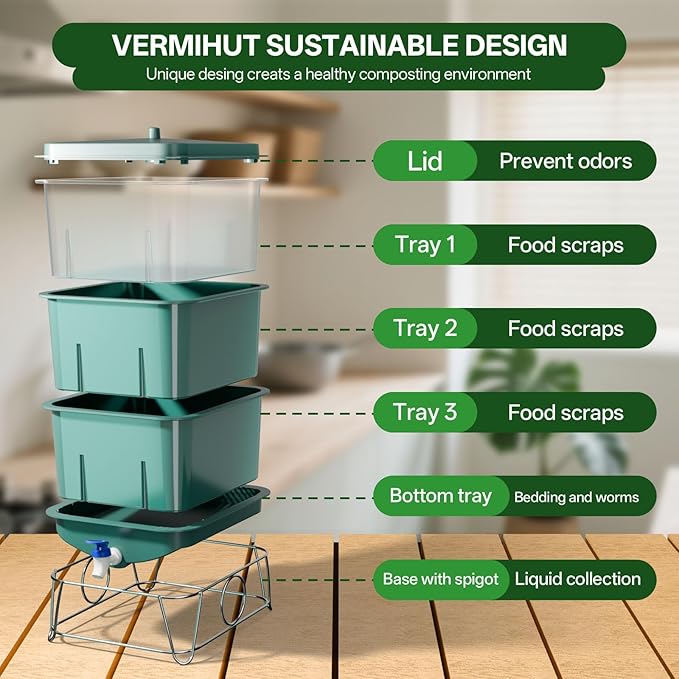 3-Tray 15L Worm Farm Composting Bin with Tool Set - Efficient Indoor/Outdoor Composter for Organic Waste Recycling, Beginner-Friendly Kit for Healthier Plants (Green)