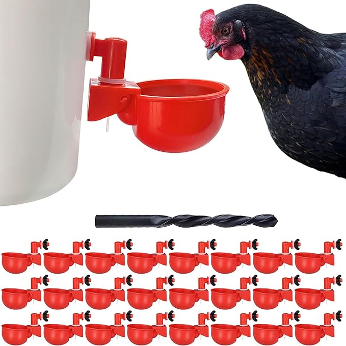 Chicken Waterer Cups | Automatic Large Chicken Water Feeder for Chicks, Turkey, Ducks, Goose, Bunny and Birds | Poultry Waterer - BPA Free & Leak Proof Design (24 Pack)