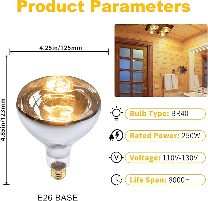 250 Watt Heat Lamp Bulbs, Clear Incandescent Heating Outdoor Light Bulb for Bathroom, Shower, Chickens, Chicks, Ceiling, Reptile, Food, Plants, Medium E26 Base - 6 Pack