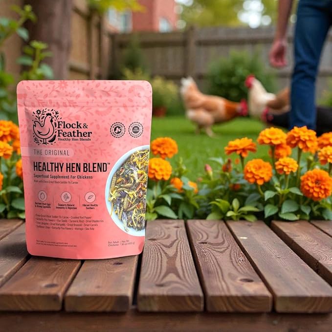 Flock & Feather Healthy Hen Blend Chicken Treats with Black Soldier Fly Larvae for Chickens, Natural Poultry Feed Topper with Sunflower Seeds, Flaxseed & Herbs for Backyard Chickens & Laying Hens,1 lb