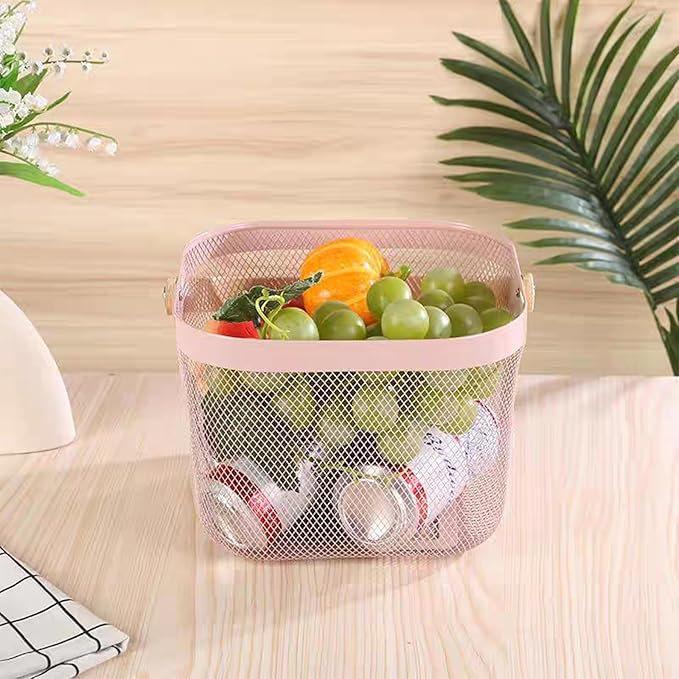 Metal Mesh Wire Basket, Small Steel Basket with Wooden Handle Storage Organizer Basket Multi-functional Hanging Kitchen Baskets Fruit Baskets for Kitchen Bathroom Cabinet Pantry Snacks, Pink