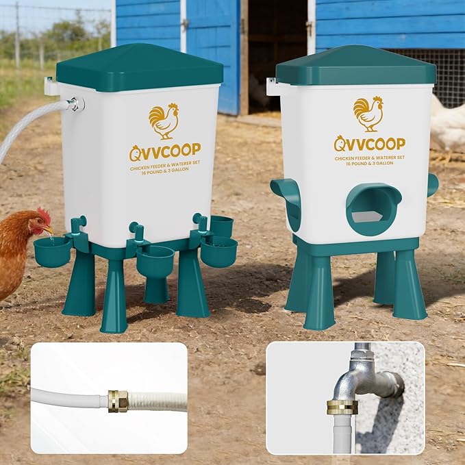 Chicken Feeder, Chicken Waterer with Float Valve, Automatic Poultry Feeder and Waterer Set for Duck Turkey, Chicken Coop Accessories, 3 Gallon Set(Upgraded), Blue