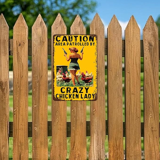 Funny Chicken Metal Sign Vintage Caution Area Patrolled By Crazy Chicken Lady Tin Signs Farm Coop Wall Decor Farmhouse Kitchen Home Garden Yard Hen Tin Poster 12x8 Inch