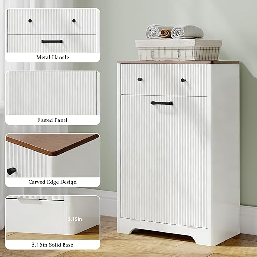 Single 10 Gallon Wood Grain Tilt-Down Trash Can Cabinet with Storage Drawer,Wood Grooved Recycling Cabinet with Wave Texture Hidden Pull-Out Trash Can for Kitchen,Bathroom (Trash Can Cabinet-White)