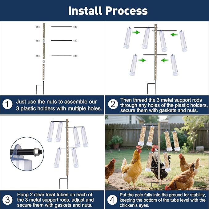 Upgraded Chicken Treat Dispenser, Adjustable Indoor/Outdoor Ground Pole&3 Support Rods, 6 Clear Treat Tubes with Different Types, Easy to Install&Add Food, Fits for Small, Medium&Large Treats