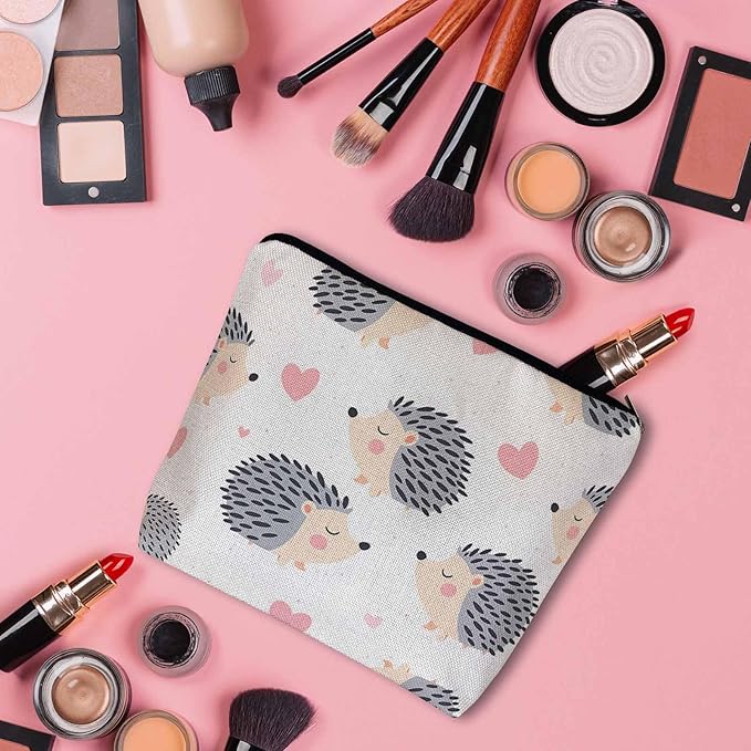 Hedgehog Makeup Organizer Bag Cosmetic Bag For Men Women, Cute Animal Hedgehogs Grey Travel Toiletry Bag Flax Makeup Bags Purse Business Makeup Pouch For Toiletries Cosmetics