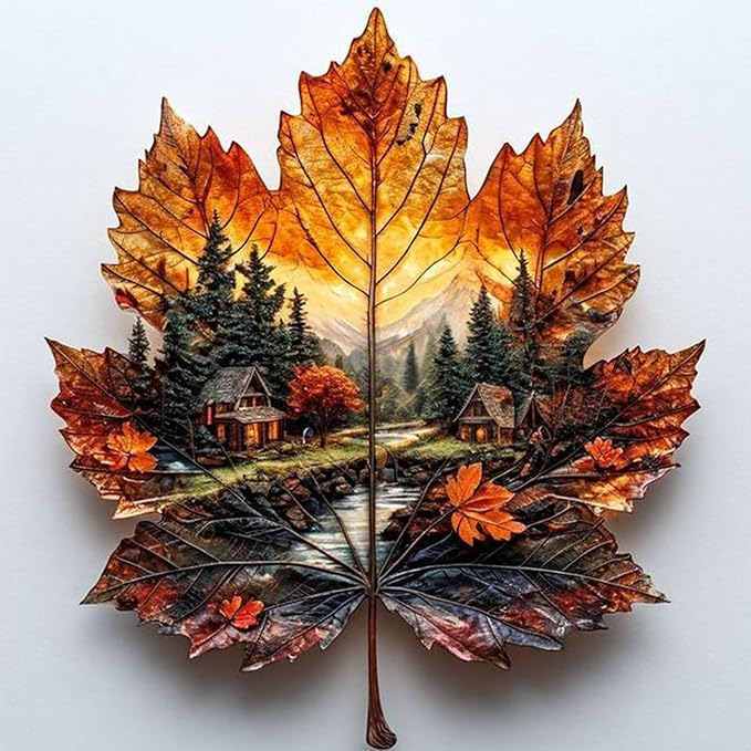 Maple Leaf Forest Cabin Stamped Cross Stitch Kits for Adults Beginners - 45x45cm 11CT Pre-Printed Embroidery Needlepoint Starter Kit, DIY Craft Perfect for Christmas Gift Home