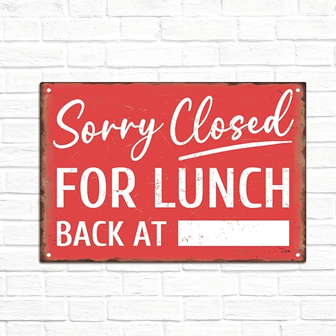 Sanwarm Metal Sign 8X12 Inch, Sorry Closed for Lunch Back At Notice Gone To Lunch Vintage Tin Sign Wall Art Decor for Store, Office, Hotel, Cafe and Pub Decoration