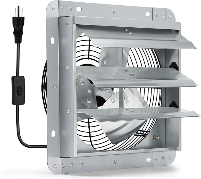 10 Inch Shutter Exhaust Fan, Wall Mount Attic Fan with Power Cord for Greenhouses, Sheds, Garages, Chicken Coops, Barns Ventilation, 820 CFM