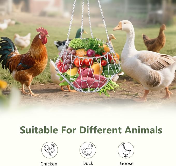 Chicken Vegetable Hanging Feeder, 9.2in Chicken Treat Dispenser, Foldable Chicken Toys for Coop with 4Pcs Hanging Stainless Chain, Veggie Treat Ball for Chicken,Hens,Duck,Rabbit, (1PCS)