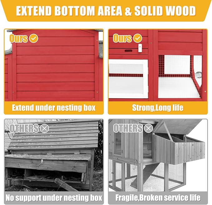 PetsCosset 136" Chicken Coop with Wheels, Backyard Wooden Hen House Outdoor for 1-6 Chickens, 2 Story Poultry Cage Chicken Coop and Run, Nesting Box, Pull Out Trays, Set of Two, (Red)