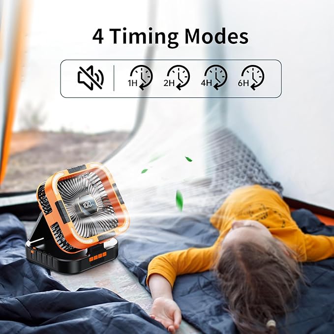 Solar Camping Fan with Light-10000mAh Rechargeable Portable, 6 Speeds, Digital Display, Timer, 120° Oscillation, Cordless Battery Powered Fan for Home Outdoor Tent Travel BBQ Fishing (Orange)