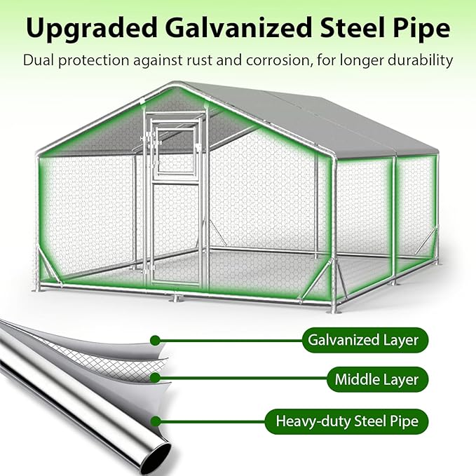 13x10 FT Walk in Chicken Coop, Functional Split Door Metal Chicken Coop Run with Hardware Cloth & Cover, Heavy Duty Duck Pen with Galvanized Frame, Large Animal Run for Chicken, Duck, Goat