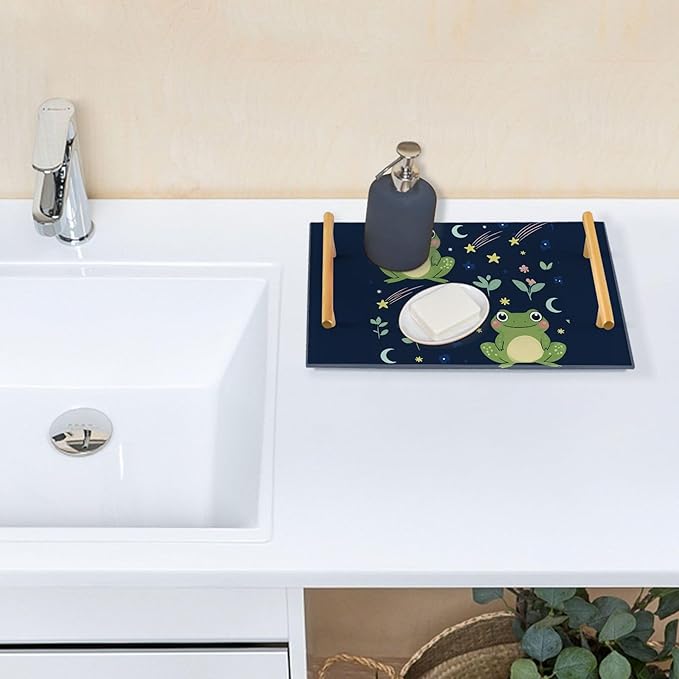 Bathroom Vanity Tray Counter Organizer, Cute Frogs Decorative Tray with Handles Countertop Storage for Bathroom Bedroom Kitchen Home Farmhouse