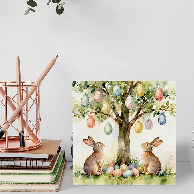 Easter Bunny Egg Tree Wooden Box Sign Desk Decor, Rustic Easter Two Rabbits Colorful Eggs Wood Signs for Bedroom Home Office Desk Table Shelf Decorations, 5x5 Inch