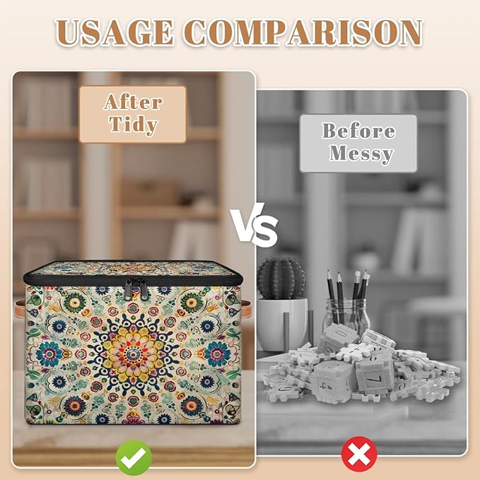 Vintage Boho Storage Bins with Zipper Lid Fabric Storage Containers for Clothes Collapsible Closet Storage Basket with Metal Frame 1 Pack