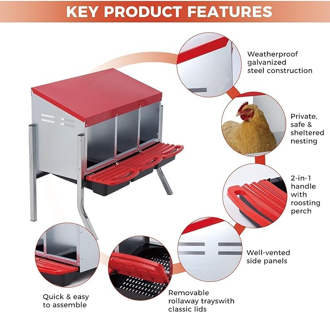 Chicken Nesting Boxes, Metal Rollaway Chicken Nest Box with Rollout Egg Collection, Removable Tray & Nesting Pads, Egg Laying Box for Chicken Coop Hens, Wall Mount or Standing, 3 Compartments, Red