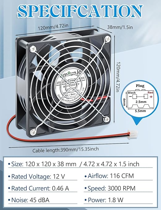 IP67 120mm x 38mm 12v Cooling Fan 2pin Brushless Dual Ball Bearing High Performance Exhaust for Electronics Solar Battery Box RV Refrigerator AV Cabinet