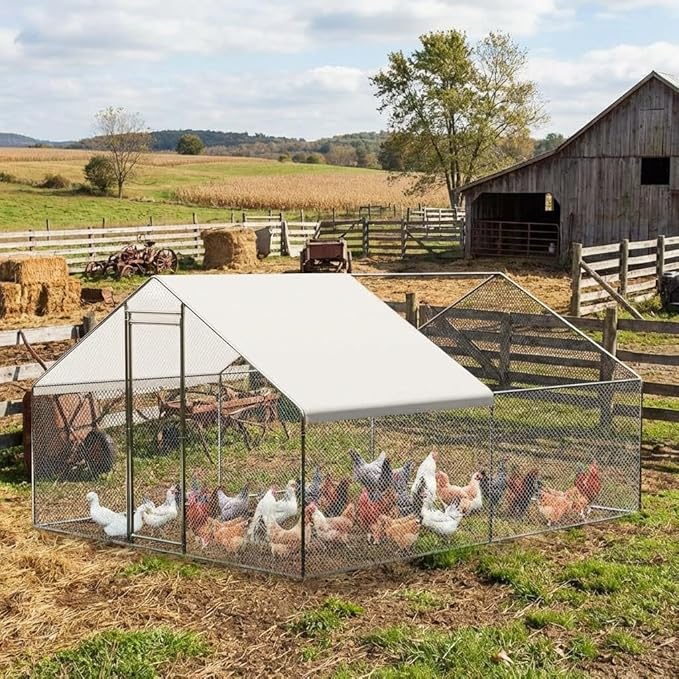Large Metal Chicken Coop, Large Chicken Run, Walk-in Poultry Cage with Waterproof and Anti-Ultraviolet Cover for Outdoor Yard Farm Use (9.8' L x 13.1' W x 6.6' H)