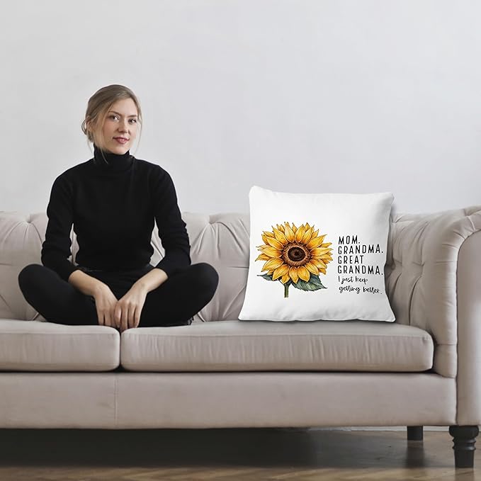 Mom Grandma Great Grandma Gifts Pillow Covers 18x18, Best Great Grandmother Gifts for Mother's Day, GG Baby Announcement Floral Throw Pillow Covers for Home Bedroom Living Room