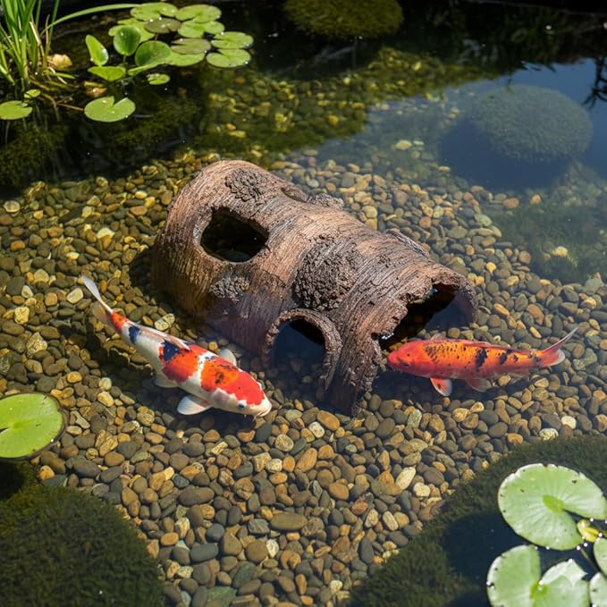 Faux Log Fish Cave for Ponds - All-Weather Aquarium Hideout & Koi Pond Decor with Predator Protection, Durable Shelter for Outdoor Ponds, Fish Tanks and Terrariums, 19''.
