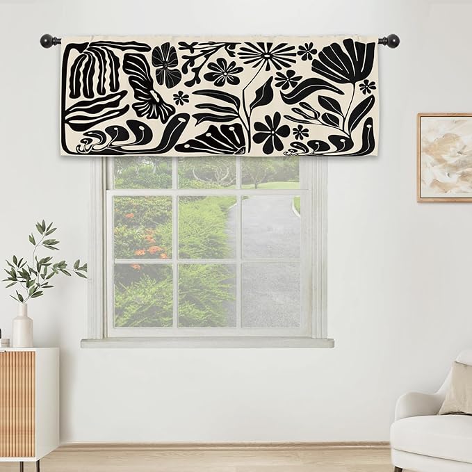 Black Matisse Flower Kitchen Curtain Valance 54W x 18L Inch Vintage Abstract Leaves Aesthetic Retro Art 70s Modern Minimalist Rod Pocket Short Cafe Small Window Treatment Drapes Decor