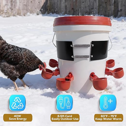 Chicken Water Heater Thermo Bucket Belt Heated Strap for 2-5 Gallon Barrel, 40W Silicone Rubber Heating Band for Chicken Waterers with 6.5 ft Power Cord