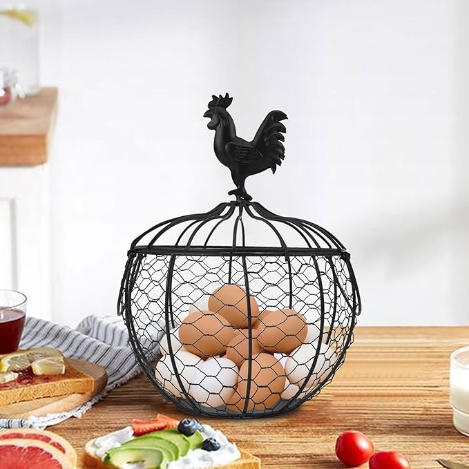 Wire Egg Basket for Gathering Fresh Eggs Collecting Basket With Handle, Decorative Egg Metal Basket for Counter, Fresh Chicken Egg Basket With Chicken Decorated Lid, Countertop Egg Fruit Storage